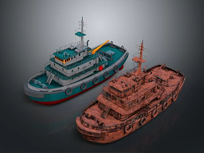 Modern And Rusty Tugboats With Green Hull And Rusted Deck Structures 3d model
