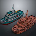 Modern And Rusty Tugboats With Green Hull And Rusted Deck Structures
