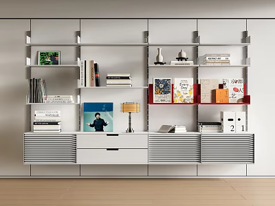 Modern White Bookshelf Interior Design With Books Decorations And Storage Cabinets 3d model