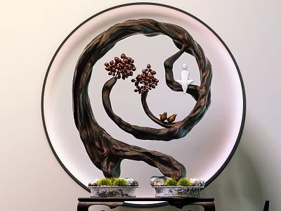 Decorative Ornament Set With Round Frame Twisted Branch Red Berries White Figure Bird And Plants 3d model