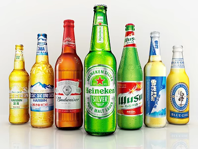 Assorted Beer Bottles and Glasses Featuring Heineken Budweiser Miller and Colorful Designs 3d model