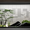 Karesansui Garden Design With Black Rocks Green Plants White Stone And Wall Geometric Patterns