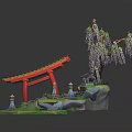 Traditional Japanese Architecture With Red Torii Gate Stone Steps Small Shrine And Weeping Willow