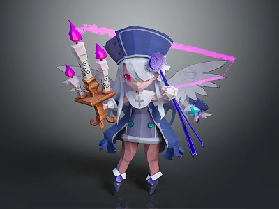 Game Movie Character With Blue Hat Purple Decoration White Wings Candle Holder And Purple Flames 3d model