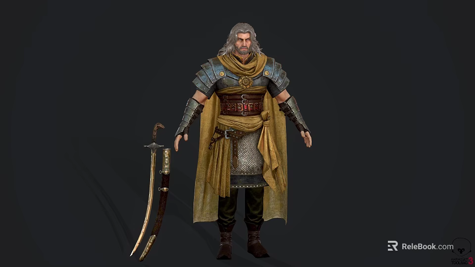 Elderly Male Game Movie Character In Medieval Armor With Yellow Cloak And Curved Sword 3d model 