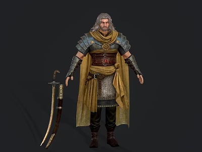 Elderly Male Game Movie Character In Medieval Armor With Yellow Cloak And Curved Sword 3d model