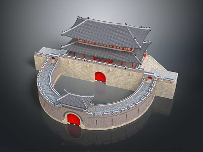 Ancient Chinese City Gate Architecture With Circular Wall Red Gates And Traditional Tiled Roof 3d model