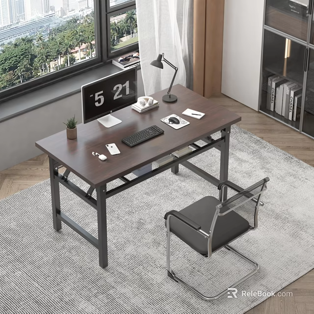 Modern Office Desk With Brown Desktop Black Metal Frame Monitor Desk Lamp And Black Chair 3d model 