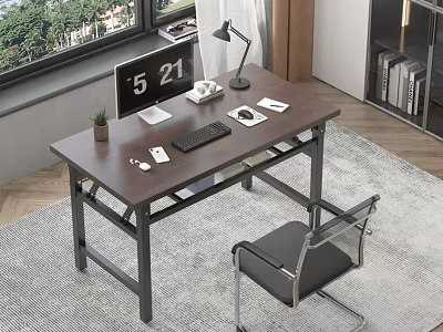 Modern Office Desk With Brown Desktop Black Metal Frame Monitor Desk Lamp And Black Chair 3d model