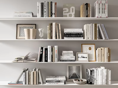Minimalist Books Magazines Display on White Bookshelves with Framed Art and Decorative Items 3d model