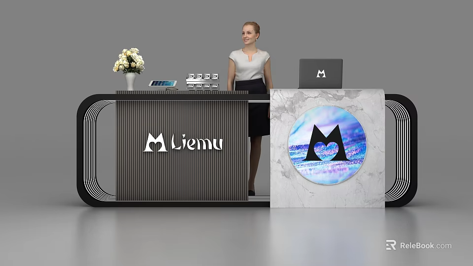 Modern Reception Desk With Black White Marble Panel White Flower Vase Liemu Logo and Receptionist 3d model 