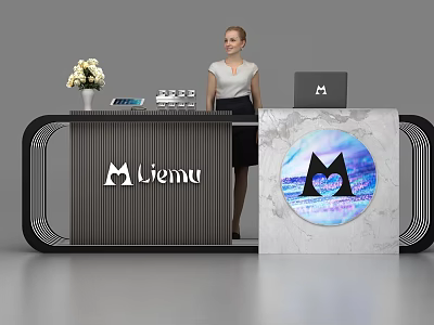 Modern Reception Desk With Black White Marble Panel White Flower Vase Liemu Logo and Receptionist 3d model