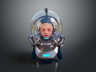 Young Child In Futuristic Spacesuit With Transparent Helmet Metallic Arms And Blue Light Details 3d model