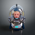 Young Child In Futuristic Spacesuit With Transparent Helmet Metallic Arms And Blue Light Details