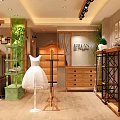 Modern Clothing Store Window Display With White Dress Mannequins Green Plant Wall And Wooden Shelves