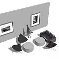 Modern Minimalist Sofa And Coffee Table Set With Black Armchairs Round Tables And Wall Art Frames