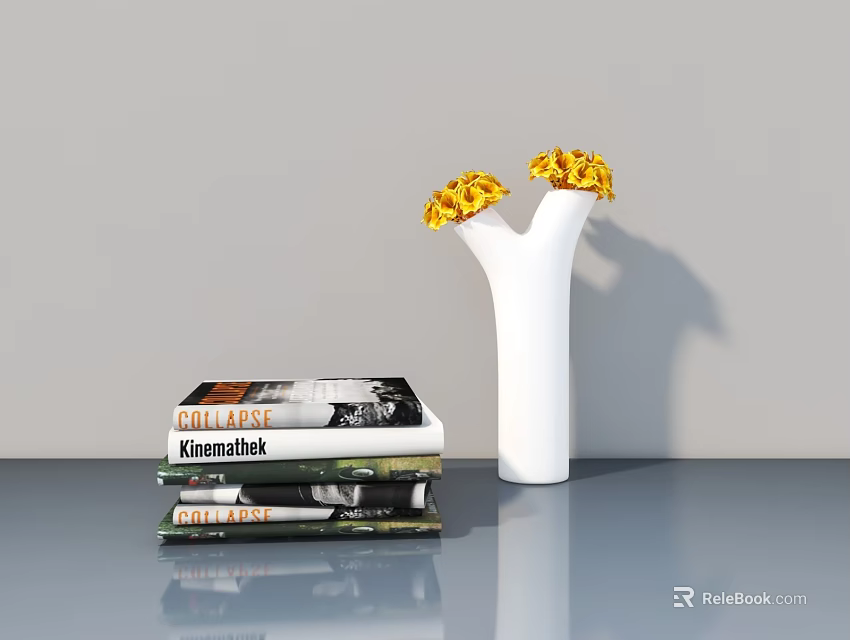 Modern Hinged Door Interior With White Vase Yellow Flowers And Book Stack 3d model 