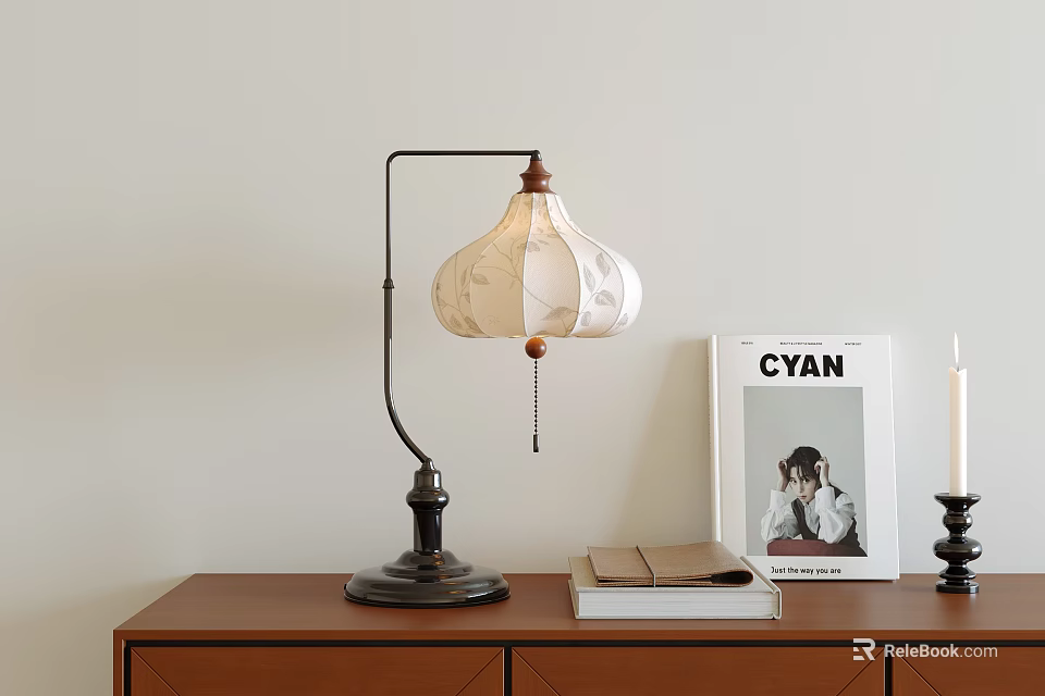 Vintage Table Lamp With Curved Metal Arm And Patterned Fabric Lampshade On Wooden Cabinet 3d model 