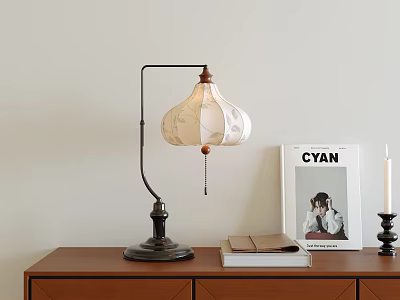 Vintage Table Lamp With Curved Metal Arm And Patterned Fabric Lampshade On Wooden Cabinet 3d model