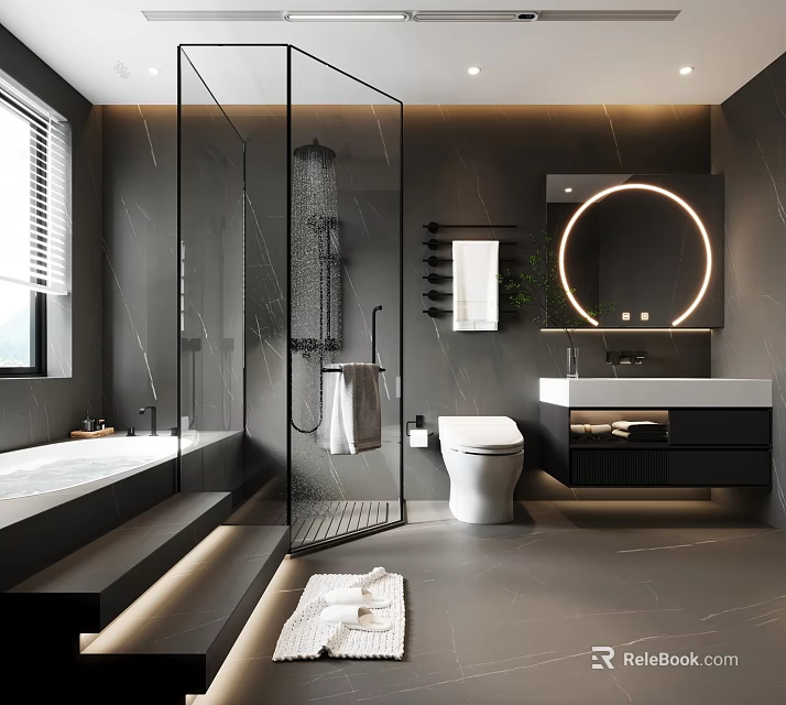 Modern Bathroom Interior With Glass Shower Bathtub Round Mirror Marble Walls And Black Gray Tones 3d model 