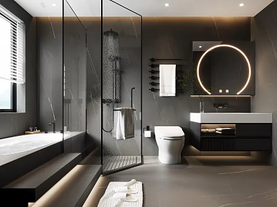 Modern Bathroom Interior With Glass Shower Bathtub Round Mirror Marble Walls And Black Gray Tones 3d model