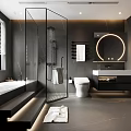 Modern Bathroom Interior With Glass Shower Bathtub Round Mirror Marble Walls And Black Gray Tones