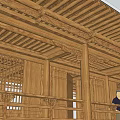 Traditional Chinese Guesthouse Building With Wooden Structure Carved Details Balcony And Large Windows
