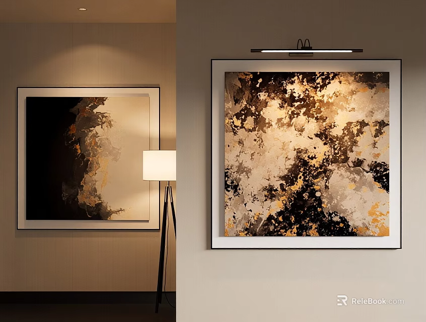 Abstract Painting With Gold Black Beige Tones Framed In Modern Interior With Lighting 3d model 