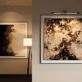 Abstract Painting With Gold Black Beige Tones Framed In Modern Interior With Lighting