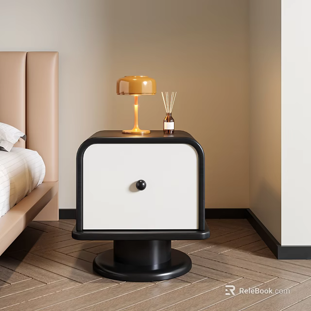Modern Black And White Bedside Table With Drawer Gold Lamp And Aromatherapy Bottle 3d model 