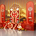 Red Traditional Chinese Festive Decorations With Double Happiness Symbol Lanterns And Golden Ornaments
