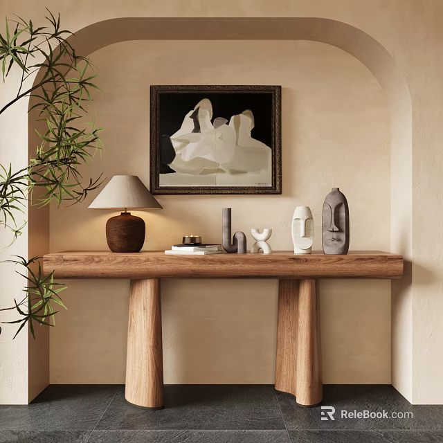 Elegant Wooden Console Table With Sculptures Lamp Books And Wall Artwork Near Green Plants 3d model 