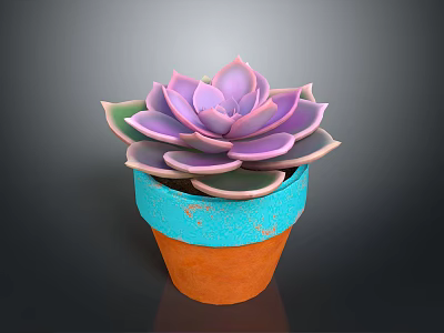 Rosette Shaped Succulent Plant With Pinkish Purple Leaves In Blue And Orange Pot 3d model