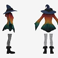 Colorful Gradient Witch Costume With Wide Brimmed Hat Striped Tights And Black Boots