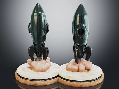 Two Decorative Dark Rocket Figurines With Circular Base And Cloud Like Bottom Details 3d model
