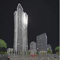 Modern Tall Office Building Night View With Bright Exterior Lighting And Urban Skyline