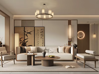 Modern Chinese Living Dining Room Interior With Bamboo Screen Calligraphy And Chandelier 3d model