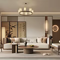 Modern Chinese Living Dining Room Interior With Bamboo Screen Calligraphy And Chandelier