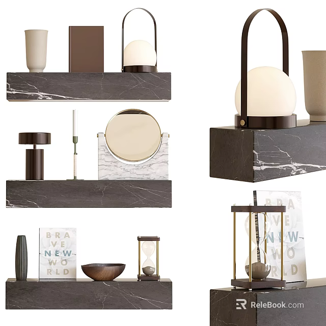 Elegant Decorative Ornament Collection With Marble Shelves Lamps Mirror Vases Bowl Hourglass And Signs 3d model 