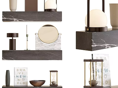 Elegant Decorative Ornament Collection With Marble Shelves Lamps Mirror Vases Bowl Hourglass And Signs 3d model