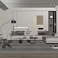 Modern Living Room Interior With Beige Sofa Coffee Table Floor Lamp Artwork And Potted Plant