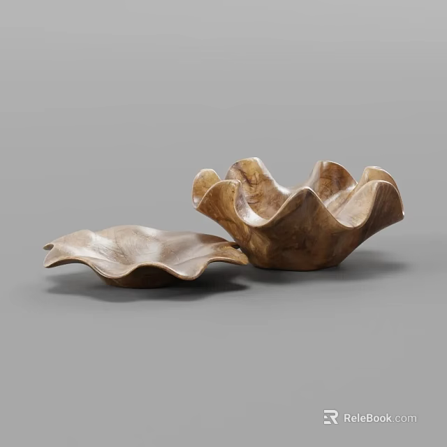 Two Piece Natural Wood Tableware Set With Scalloped Edges And Petal Design 3d model 