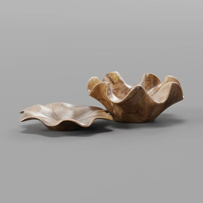 Two Piece Natural Wood Tableware Set With Scalloped Edges And Petal Design 3d model