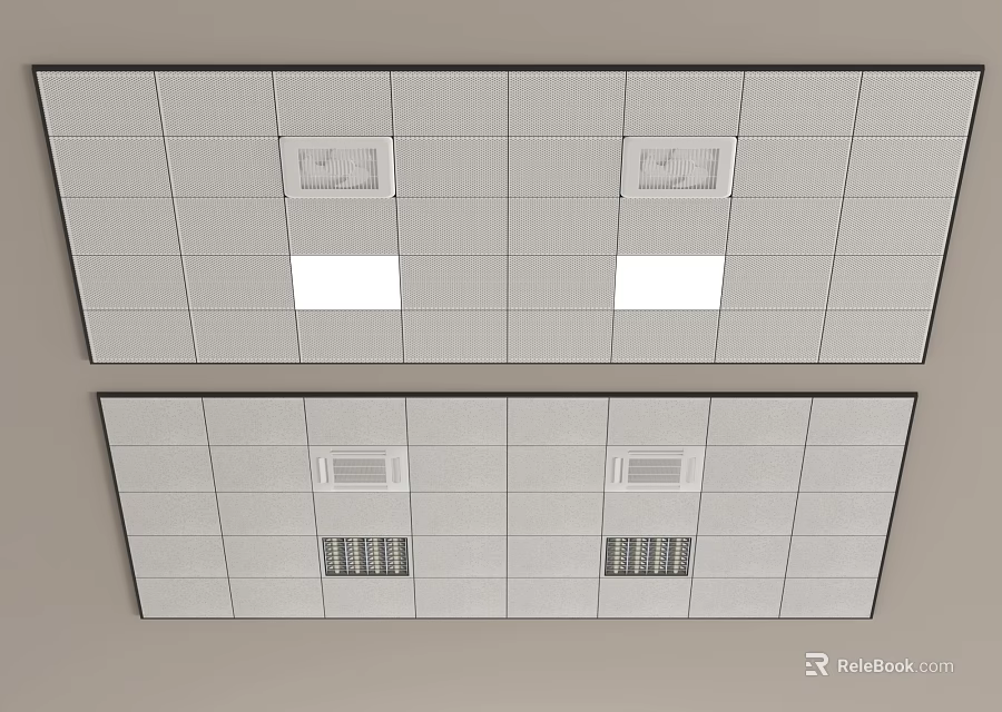 Modern Suspended Ceiling Design With Grid Pattern Recessed Lighting And Ventilation Grilles 3d model 