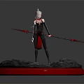 White Haired Female Warrior Wielding Red Glow Spear in Black Outfit on Rocky Platform
