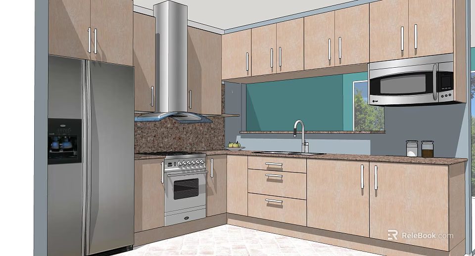 Modern Kitchen Interior With Light Wood Cabinets Granite Countertop And Appliances 3d model 
