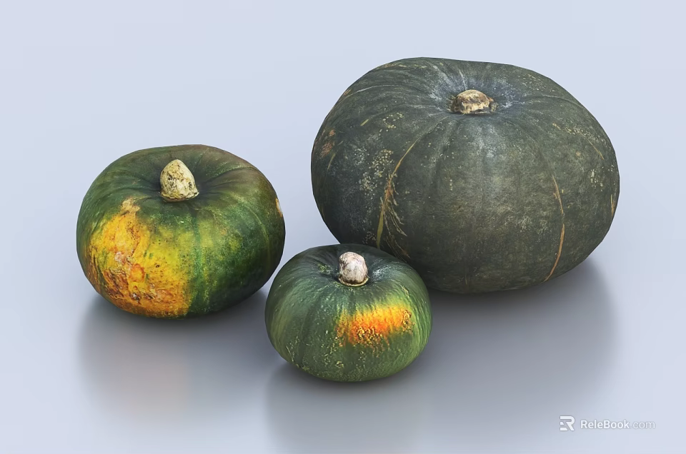 Three Green Pumpkins With Different Sizes And Natural Color Variations On Gray Surface 3d model
