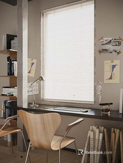 Organized Home Desk with Window Blinds Wooden Chair Desk Lamp Bookshelf and Wall Charts 3d model 