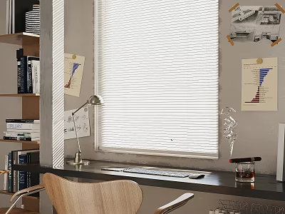 Organized Home Desk with Window Blinds Wooden Chair Desk Lamp Bookshelf and Wall Charts 3d model