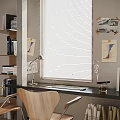 Organized Home Desk with Window Blinds Wooden Chair Desk Lamp Bookshelf and Wall Charts